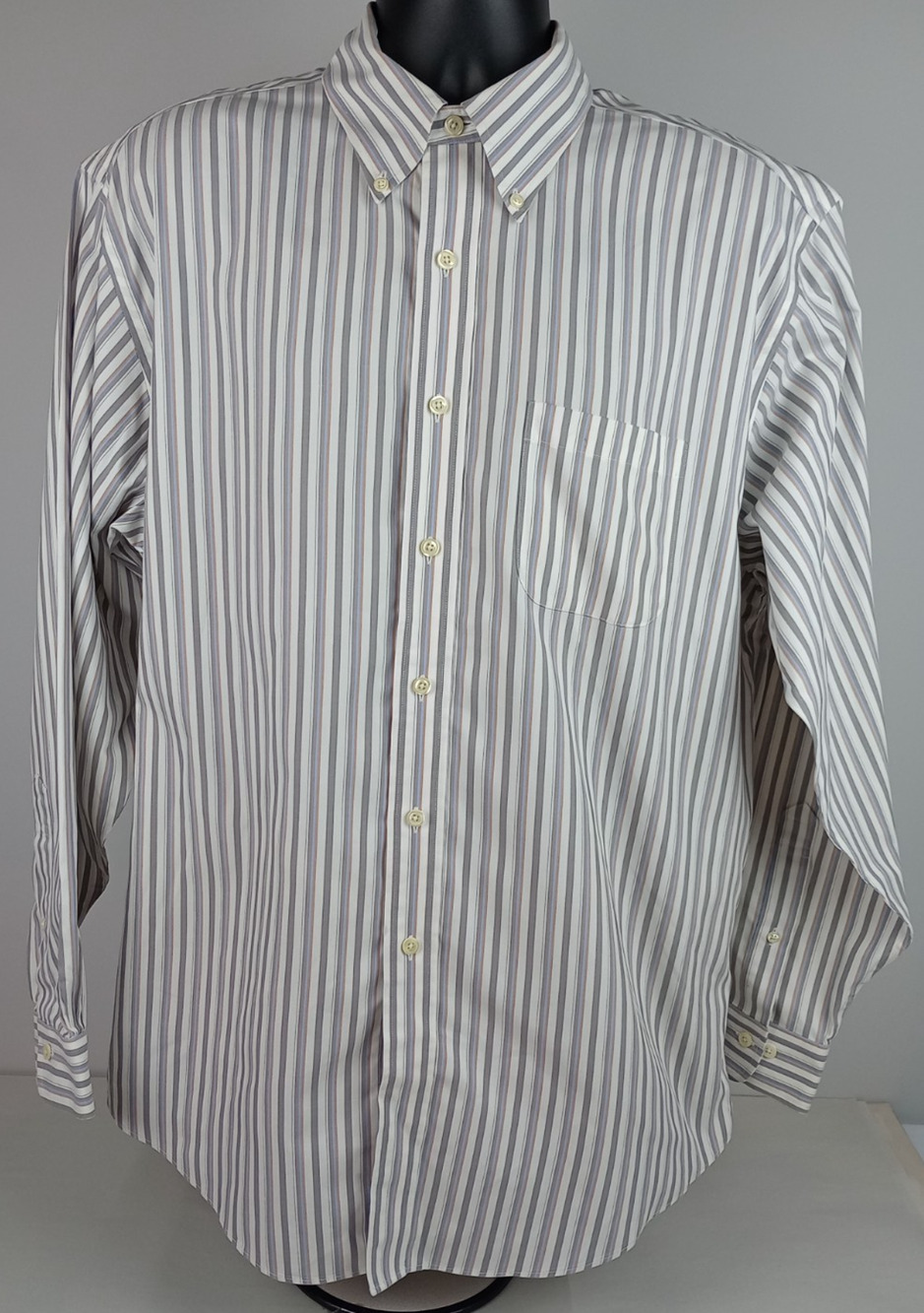 Brooks Brothers Mens L Grey White Striped Button Up Long Sleeve Dress Shirt